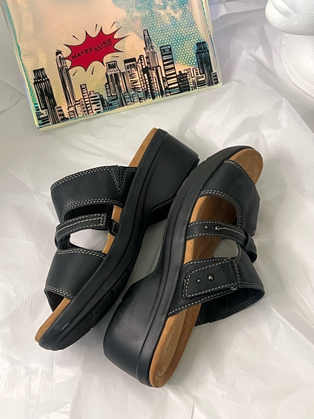 ClarksTuleah Jane Black Leather Slide Sandals with Buckle Straps - Picture 14 of 15